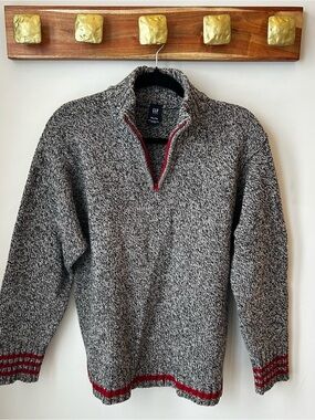 Vintage GAP Lambswool Black & White Marled Half-Zip Sweater with Red Trim